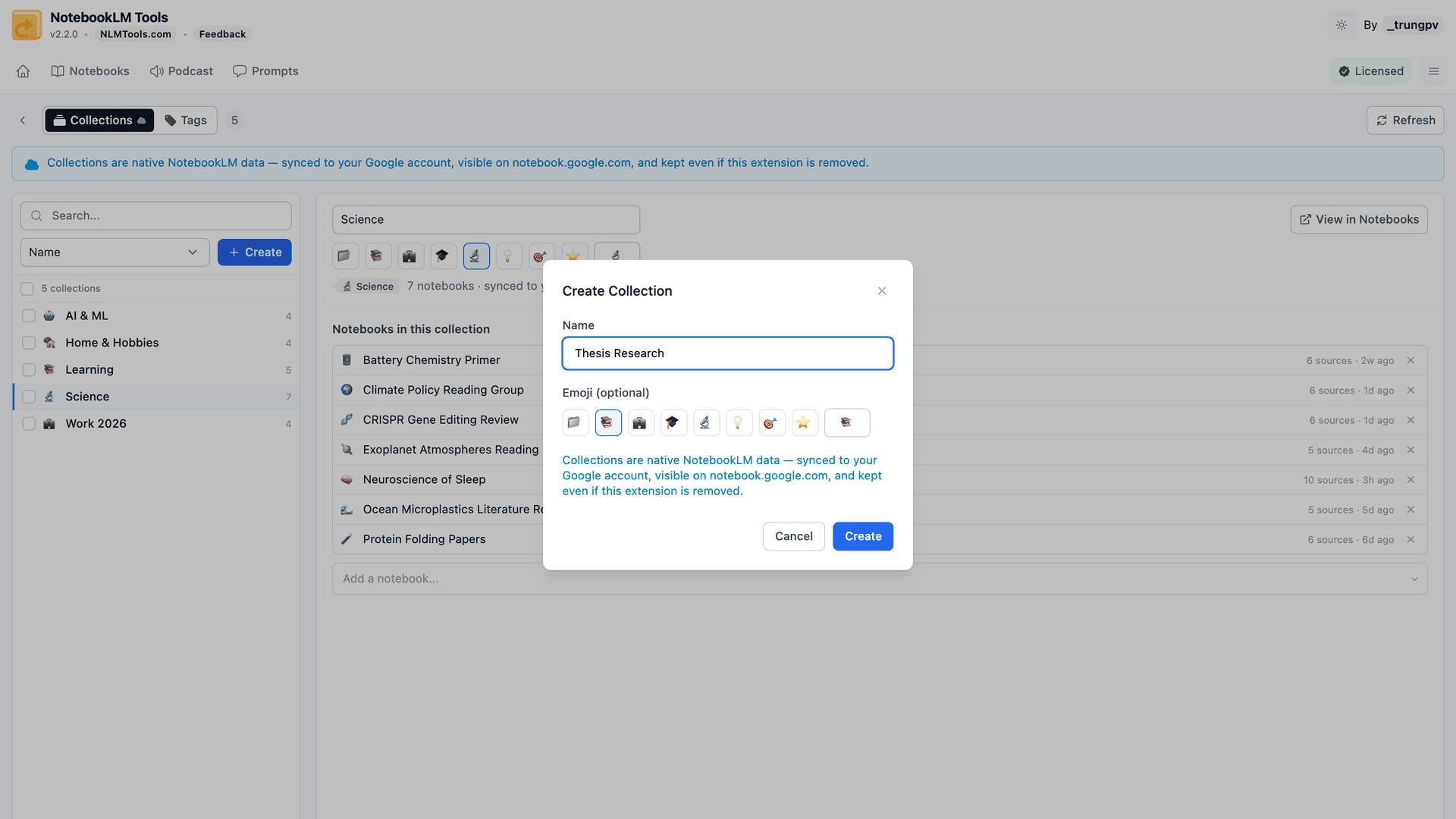 Creating a NotebookLM collection with a name and emoji in NotebookLM Tools