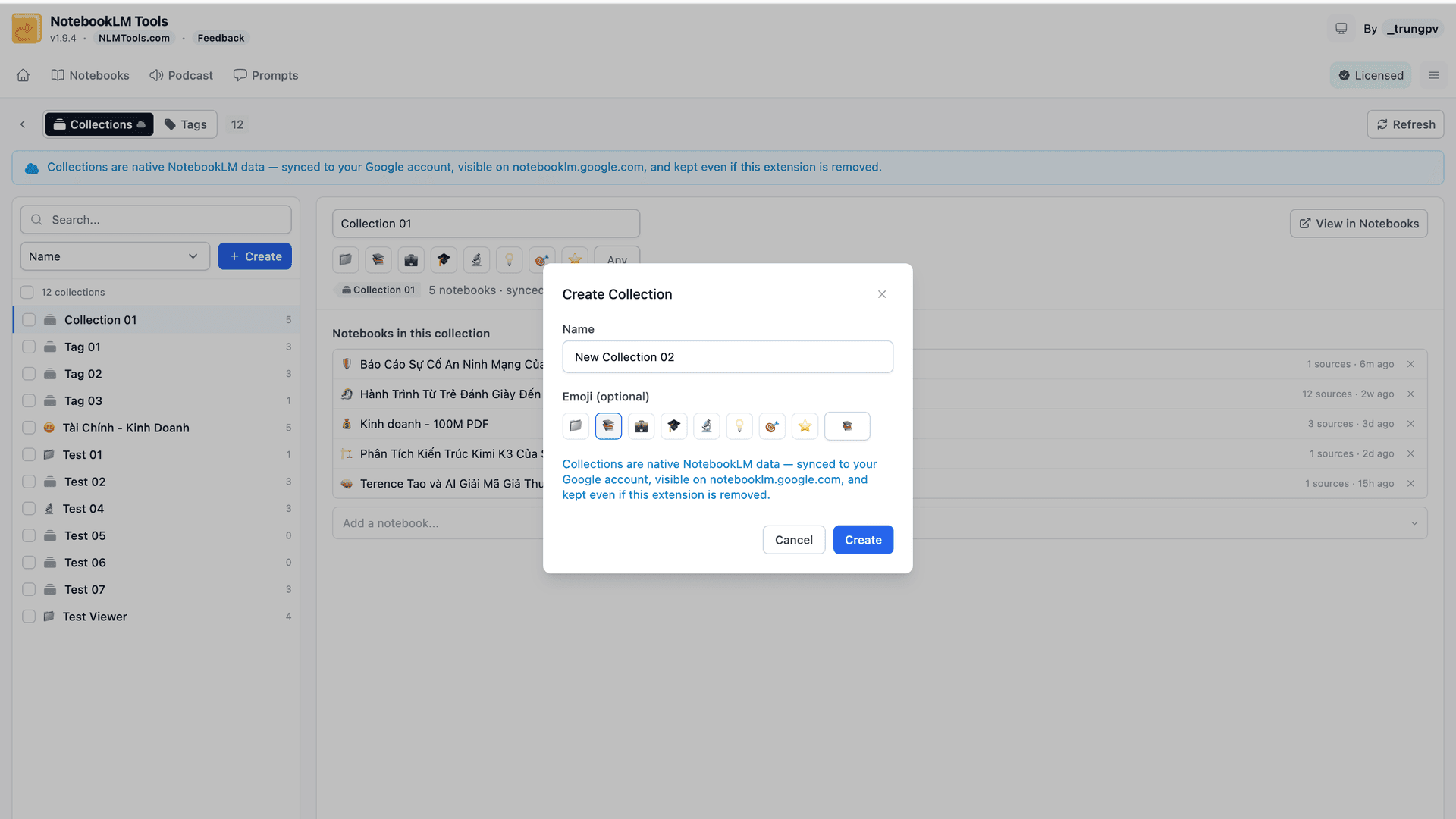 Creating a NotebookLM collection with a name and emoji in NotebookLM Tools