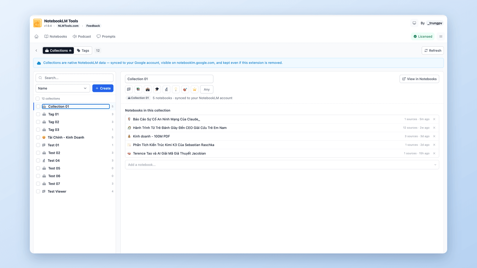 NotebookLM Tools Manage Collections page grouping notebooks into native NotebookLM collections