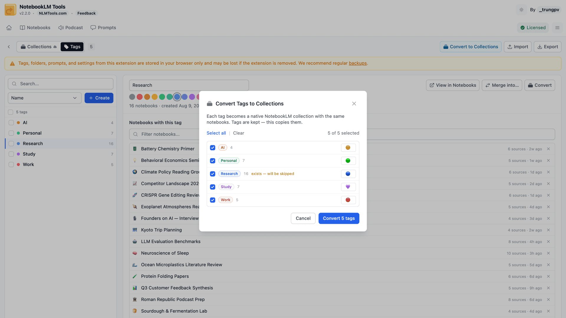 Converting NotebookLM Tools tags to native NotebookLM collections
