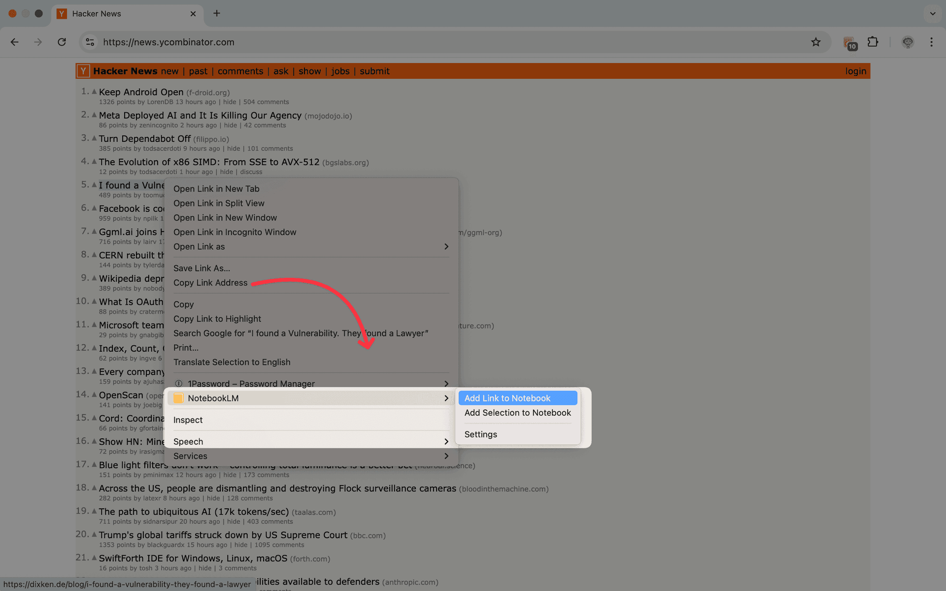 NotebookLM Tools right-click context menu for adding web pages as sources