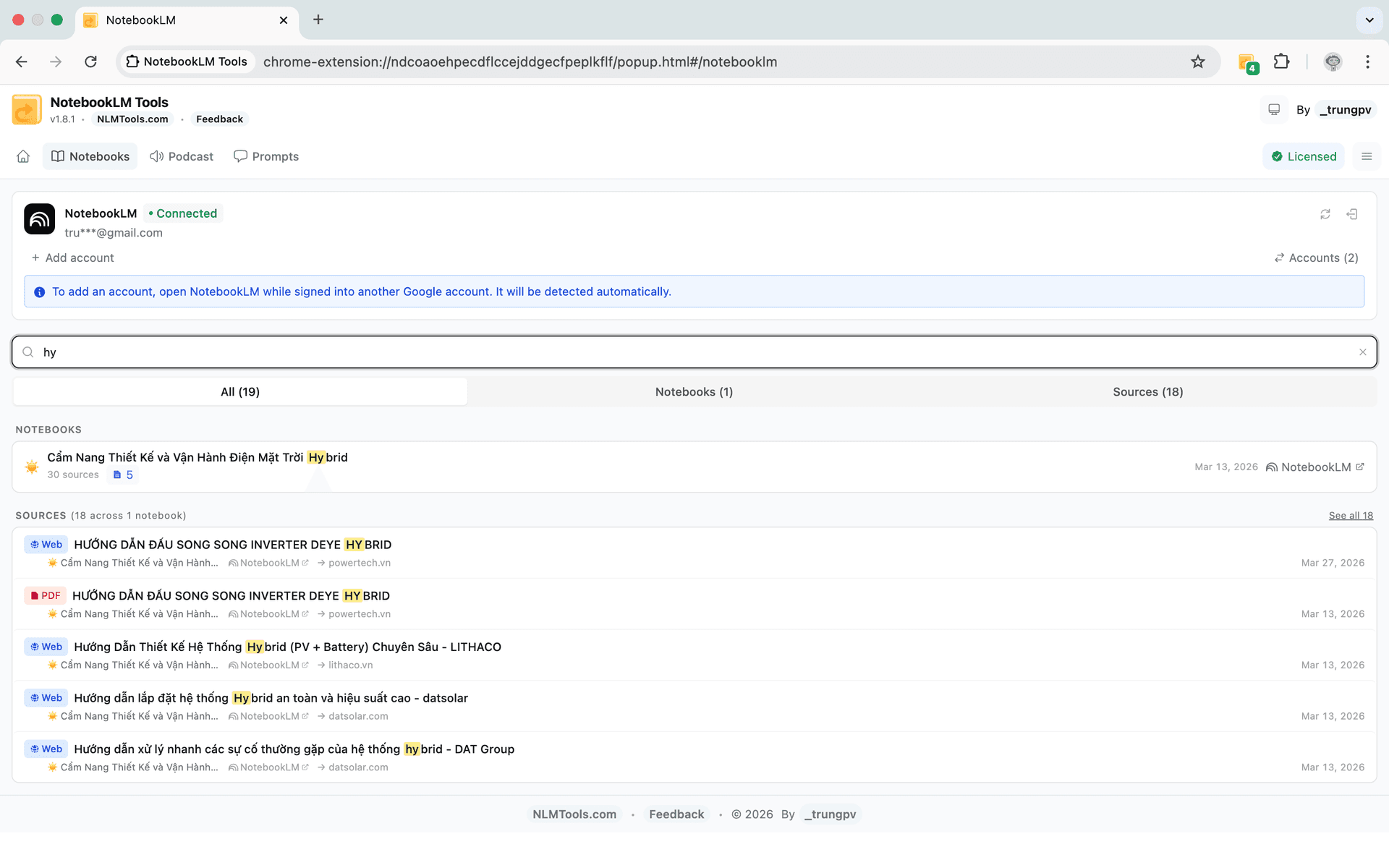 NotebookLM Tools cross-notebook search with tabbed results, source type filtering, and text highlighting