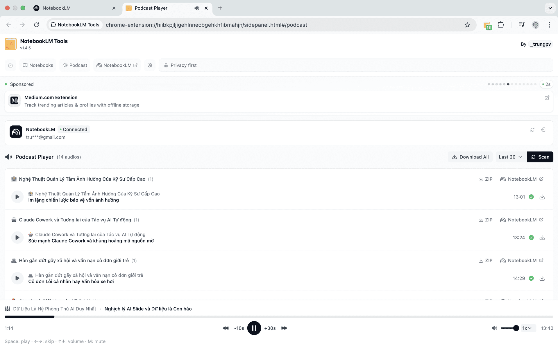 NotebookLM Tools podcast player with playlists, downloads, and Now Playing bar