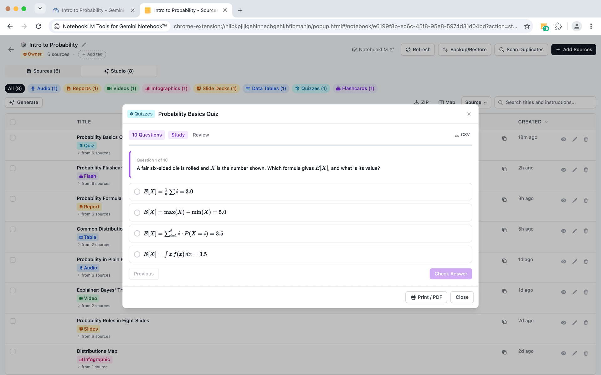 NotebookLM Tools quiz viewer with formulas rendered as math, and the CSV and Print / PDF buttons — download a quiz as a spreadsheet or print it with its answer key