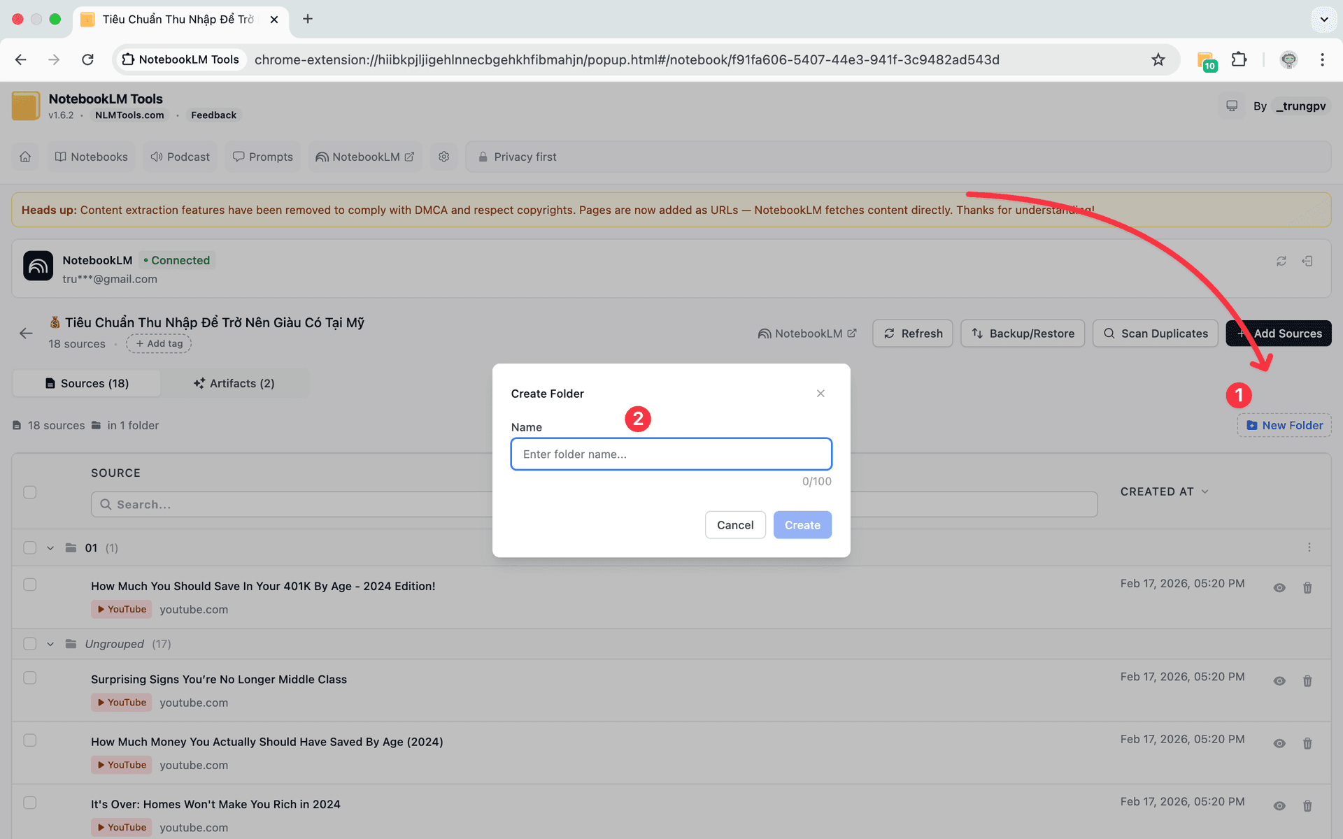 NotebookLM Tools source folders interface - organize research with drag-and-drop folders