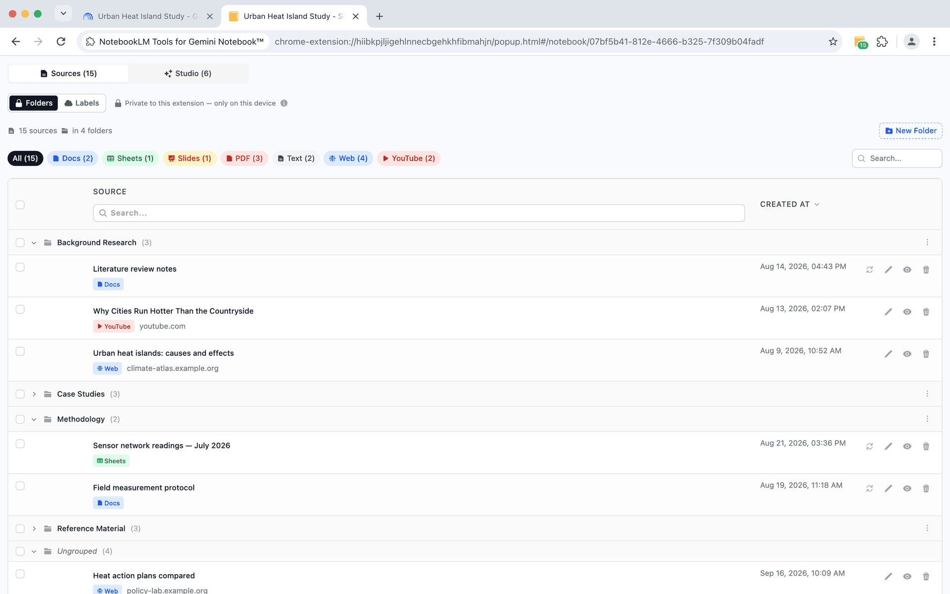 NotebookLM Tools source folders interface - organize research with drag-and-drop folders