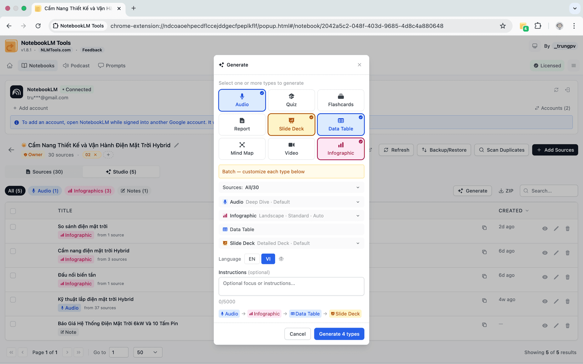 NotebookLM Tools studio generation interface with quiz, flashcard, and slide customization