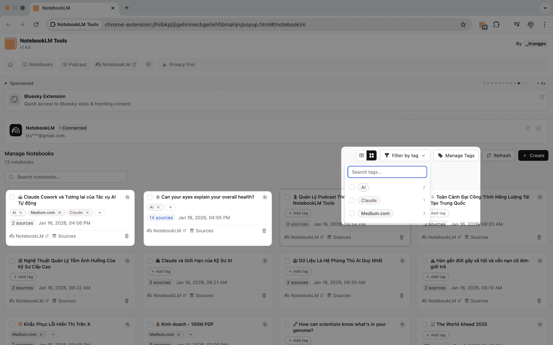 NotebookLM Tools notebook organization with custom colored tags and filtering