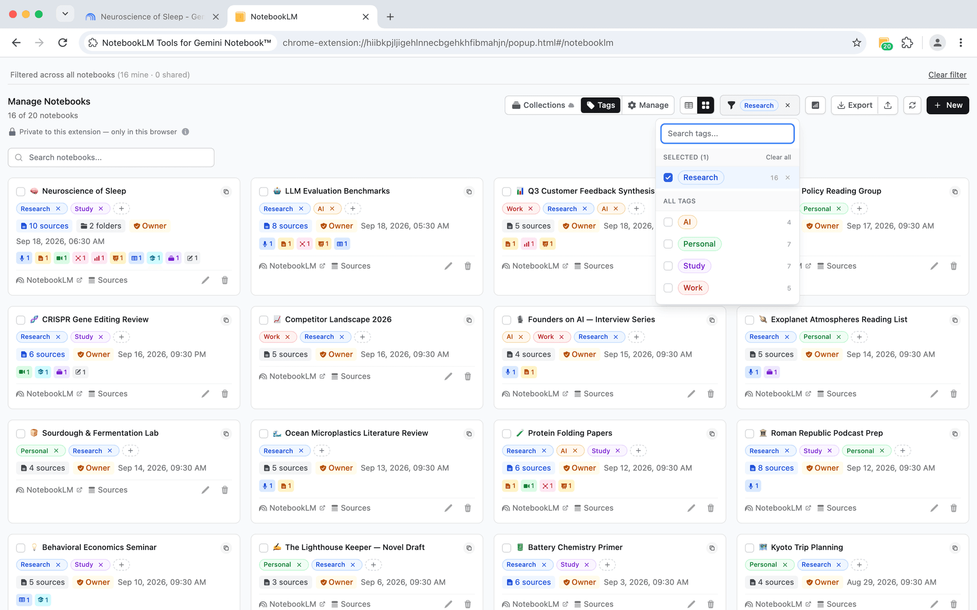 NotebookLM Tools notebook organization with custom colored tags and filtering